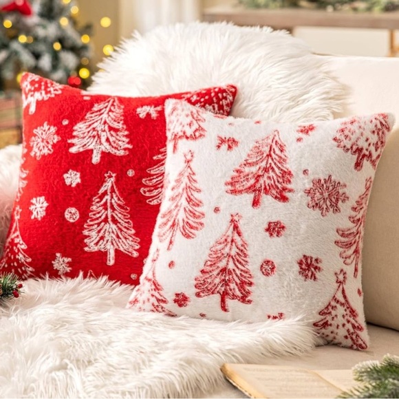 Set of 2 White Red Christmas Tree Throw Pillow Covers 18x18 Inch - Picture 1 of 3